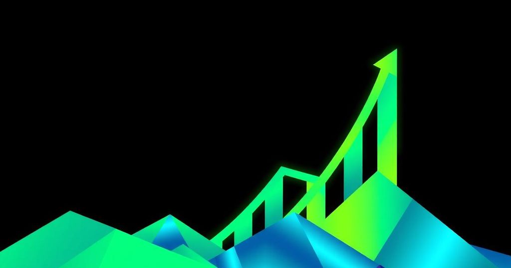 A digital depiction of Bitcoin's soaring value with an abstract upward trend graph and bright green accents.