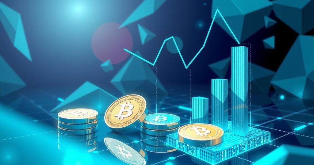A digital representation of stablecoins and cryptocurrency regulations with a backdrop of abstract banking symbols.