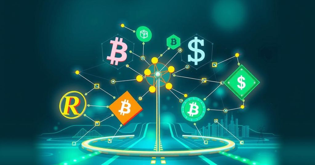 A symbolic crossroads of cryptocurrency, featuring tech elements and regulatory symbols, in a digital art style with blues and greens.