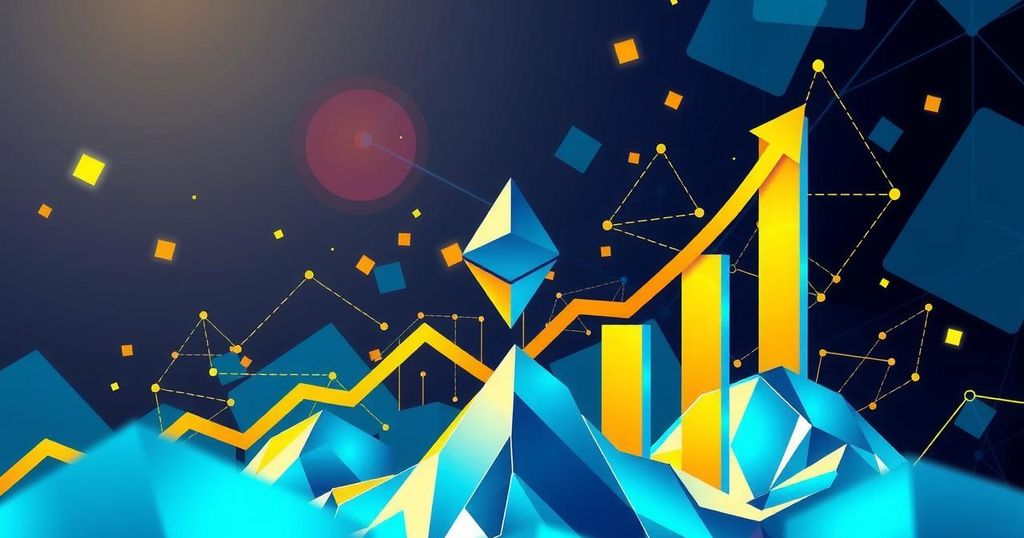 A vibrant digital artwork depicting Ethereum's ascent with upward trends, bright colours, and abstract blockchain motifs.