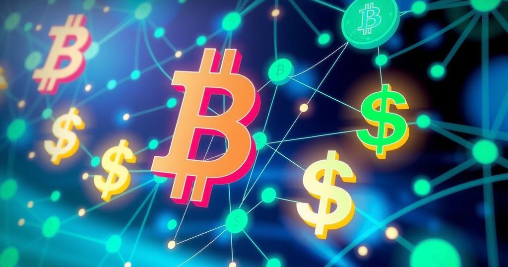 A digital representation of cryptocurrency symbols with US dollar signs and blockchain elements in a modern style.