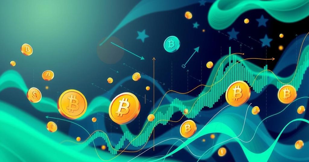 A dynamic representation of cryptocurrency market volatility, featuring abstract financial charts and symbols.