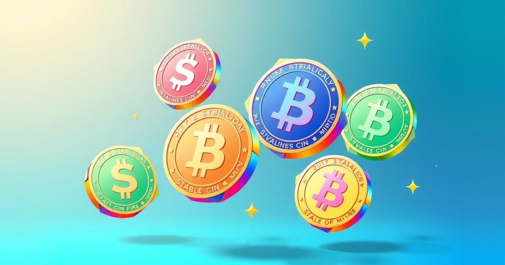 Digital illustration of coins symbolising stablecoins with vibrant colours and a modern geometric style.