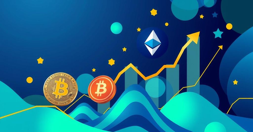 Stylized representation of rising cryptocurrency prices with abstract charts and vibrant colours.