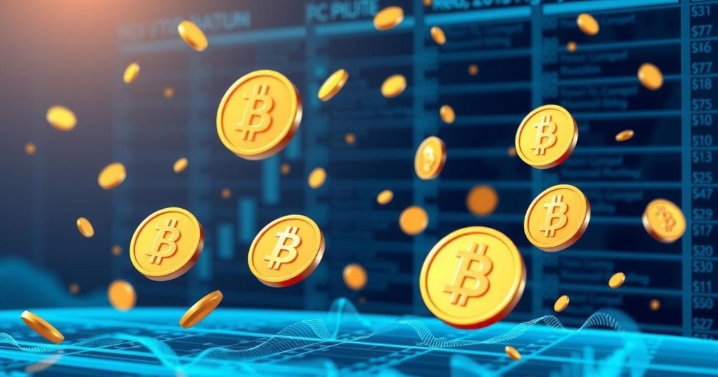 Abstract representation of cryptocurrency regulations with a digital ledger and currency symbols in a blue and gold colour scheme.
