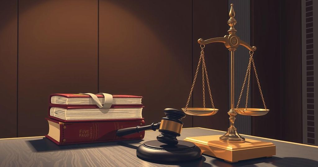 A courtroom symbolizing legal battles over financial fraud, with scales of justice under a dim lighting.
