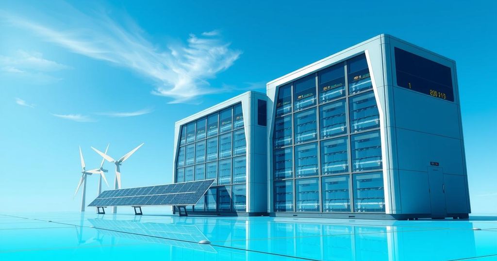 A futuristic data centre powered by renewable energy, illustrating the growth of crypto cloud mining.