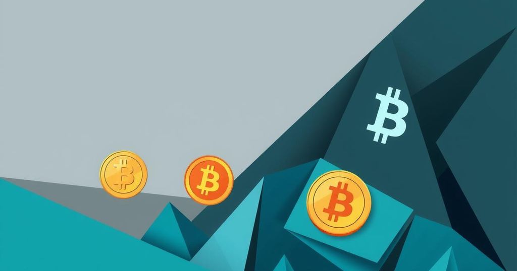 Abstract representation of cryptocurrencies with downward trends, muted colours, and geometric shapes.