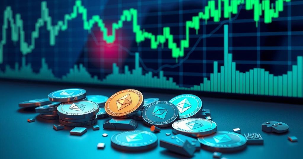 A digital representation of a cryptocurrency market crash, featuring broken Ethereum coins and fluctuating graphs.