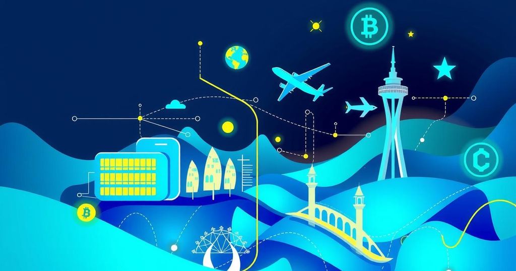 A modern digital landscape showcasing travel services powered by cryptocurrency, in a vibrant, tech-inspired colour scheme.