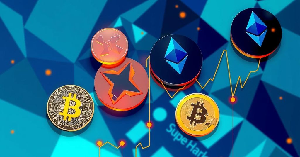 A vibrant digital artwork displaying various cryptocurrencies with rising and falling price graphs in a dynamic style.