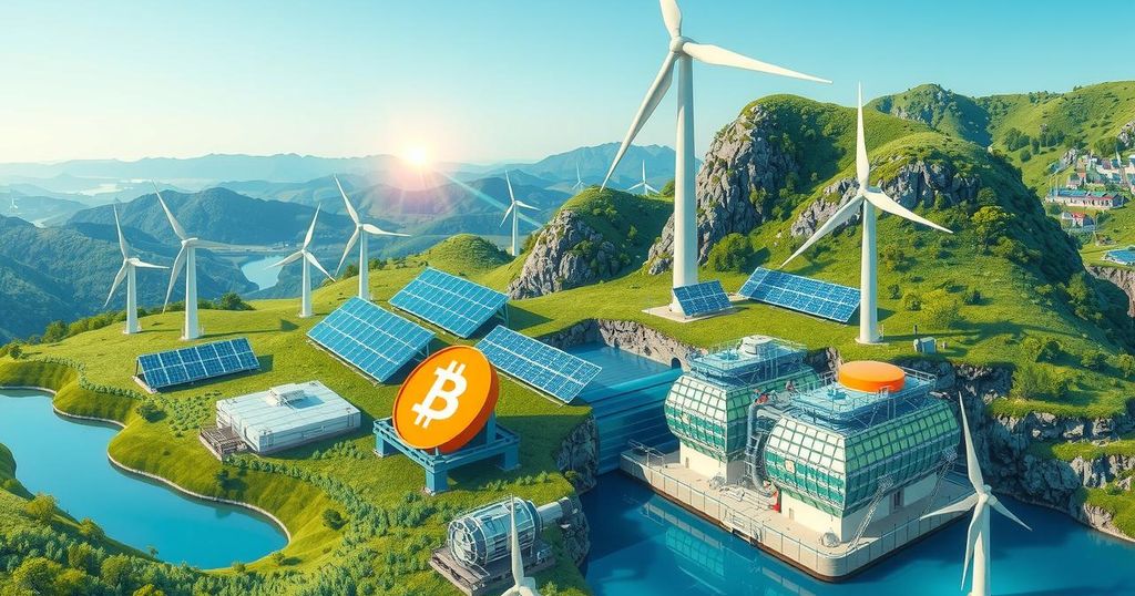 Illustration of renewable energy sources powering Bitcoin mining, with a green and blue colour scheme.