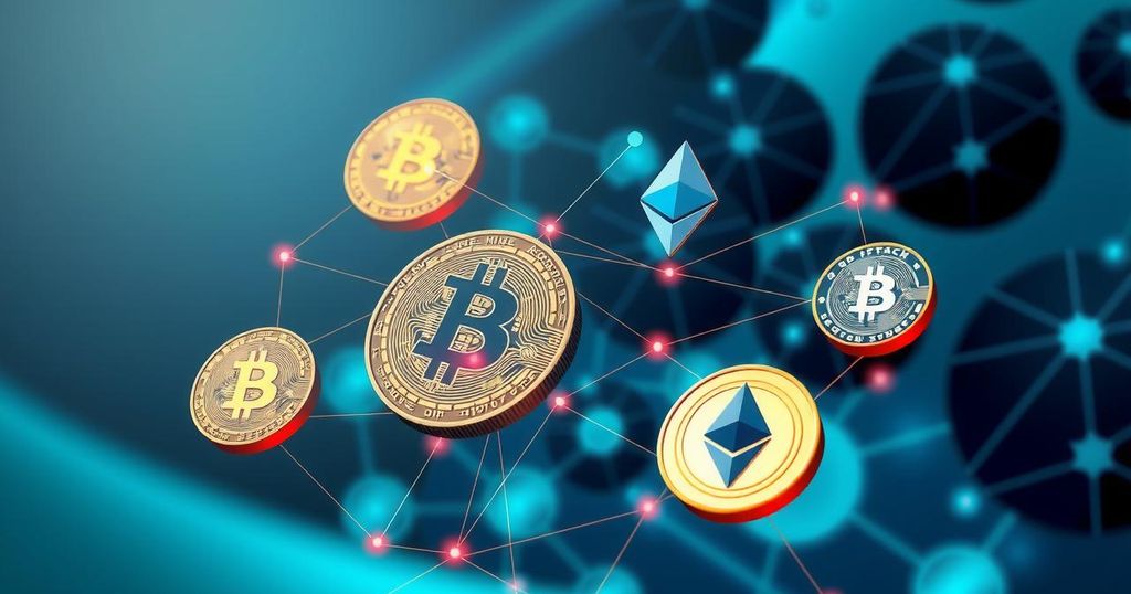 Cryptocurrency network symbols with blockchain elements in a geometric style using blue and green colour palette.
