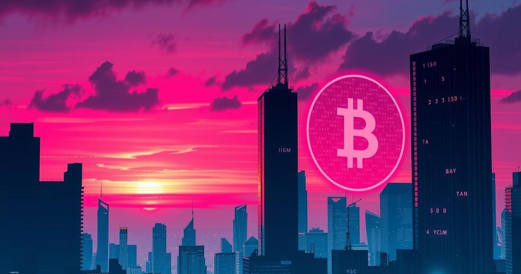 A futuristic city skyline displaying a digital cryptocurrency symbol at sunset, in a vibrant neon colour scheme.