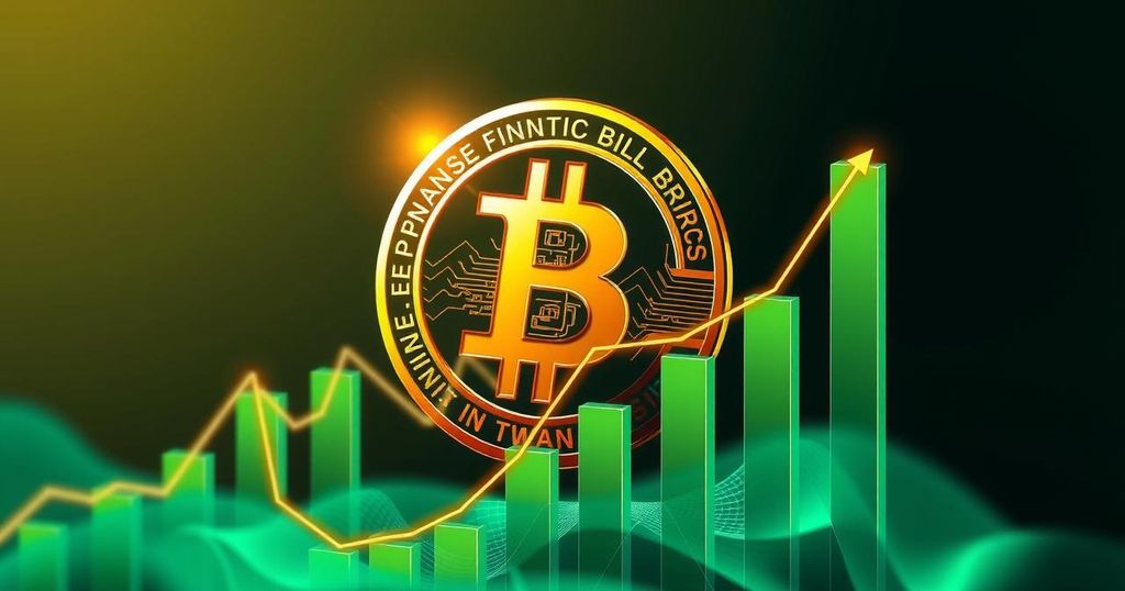 A visually dynamic digital artwork of a Bitcoin symbol with ascending graphs, representing growth and stability in green and gold hues.