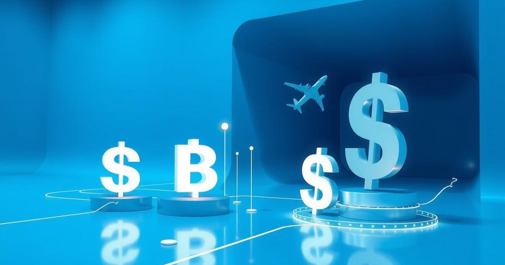 A futuristic representation of digital payments integration, showcasing crypto symbols and air travel themes in vibrant colours.