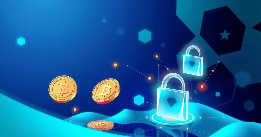 A digital representation of cryptocurrency transactions with a focus on security features, using a modern tech aesthetic.