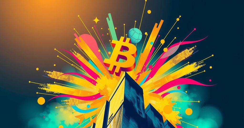 A vibrant digital artwork depicting a stylized Bitcoin symbol soaring amidst a colourful abstract background.