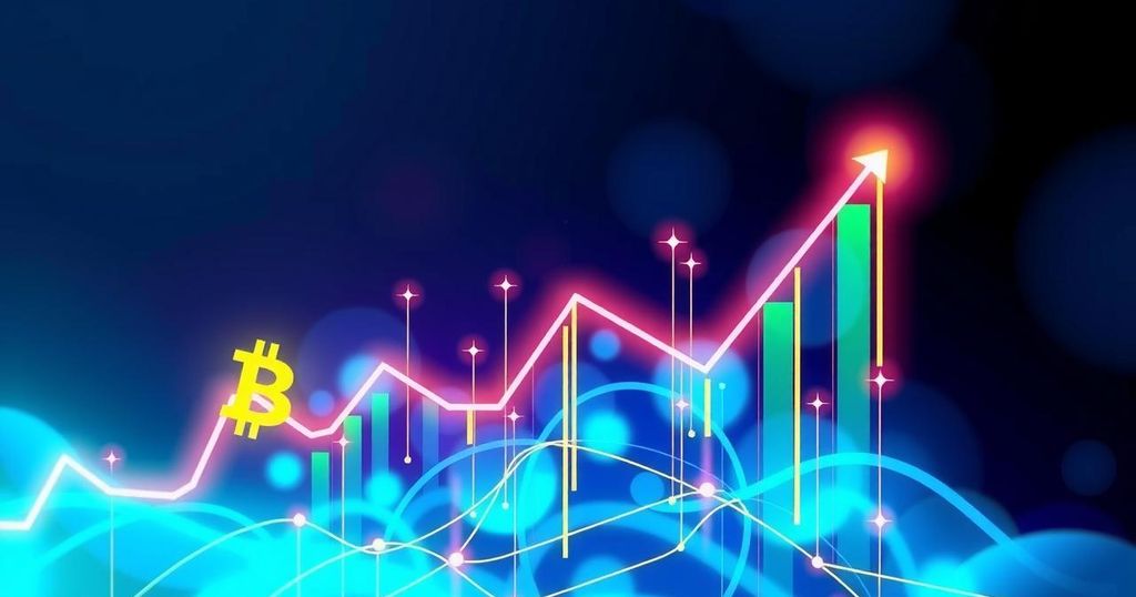 A visually charted representation of Bitcoin's upward trend and crypto trading, featuring vibrant colours and geometric patterns.
