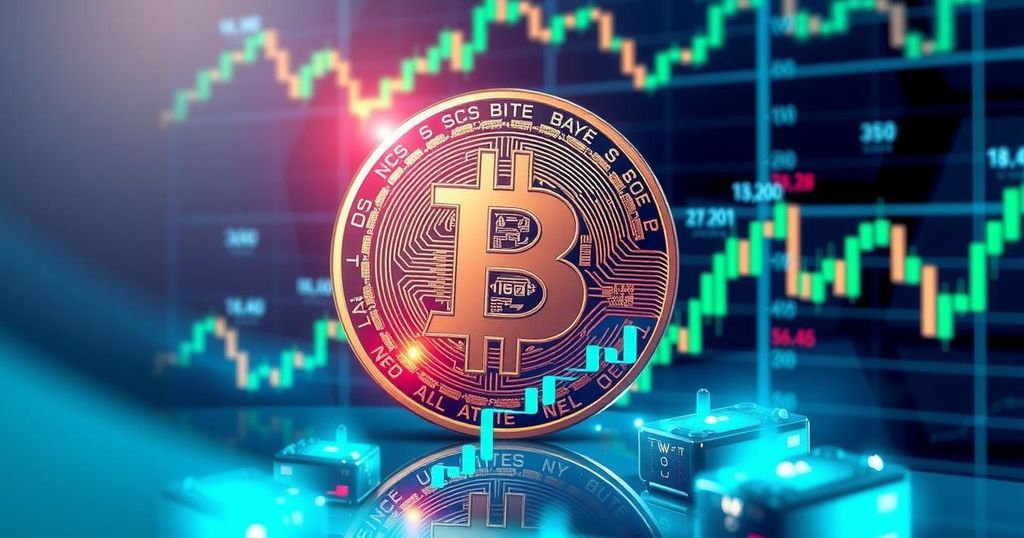A digital representation of Bitcoin against a backdrop of fluctuating charts and abstract trade symbols.
