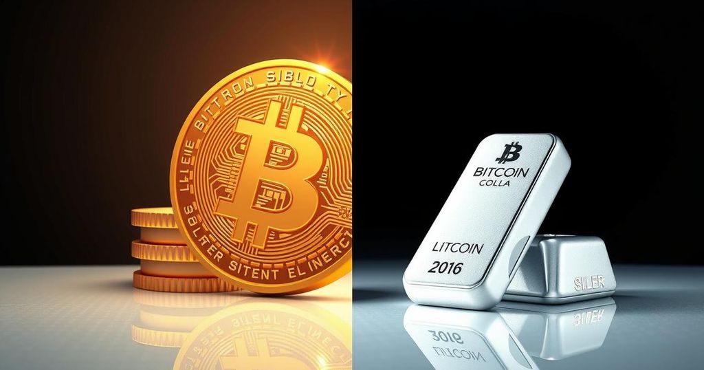 A split scene showcasing Bitcoin and silver, with Bitcoin's digital coin and shiny silver bars, amidst contrasting backgrounds.