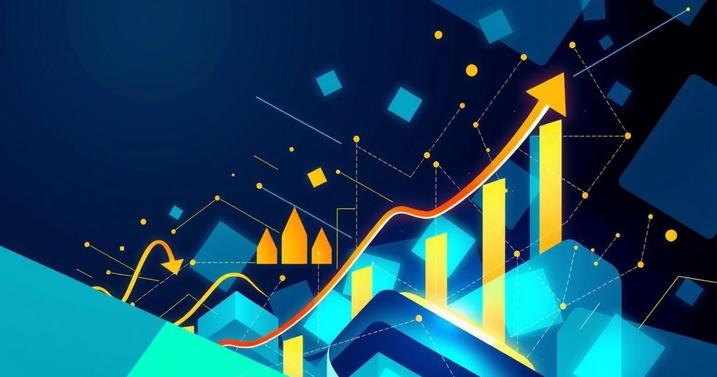 Abstract digital art illustrating a vibrant crypto market with upward trends, vibrant colours and geometric shapes.
