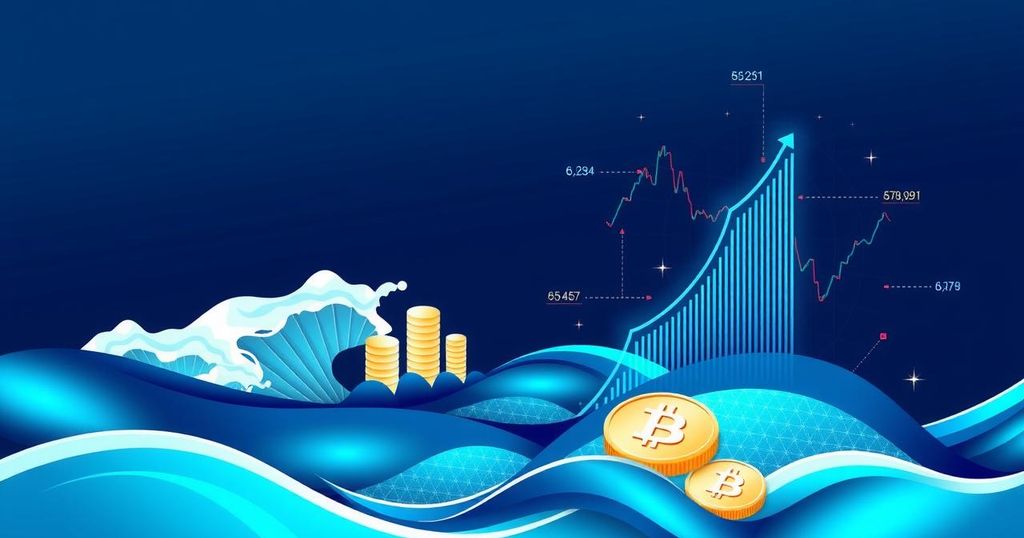 A digital illustration symbolising institutional adoption of cryptocurrency with waves and abstract financial elements in blue tones.
