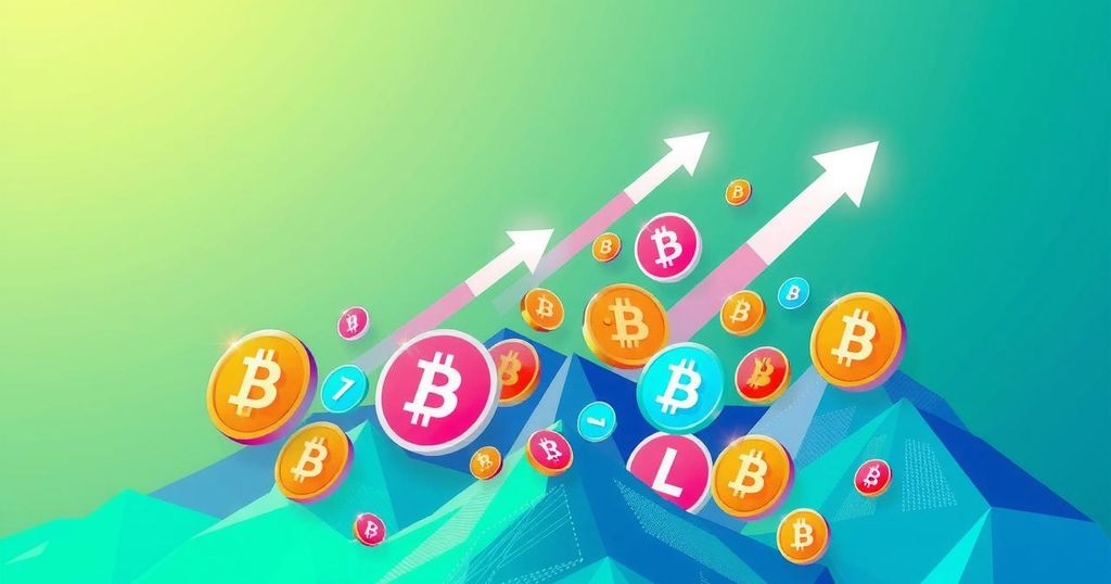 A vibrant digital landscape showcasing diverse altcoins with a dynamic upwards trend in the background.
