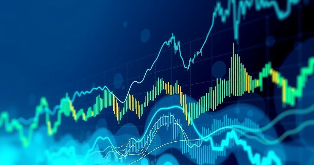 Digital representation of a fluctuating cryptocurrency market with abstract graphs and dynamic lines.