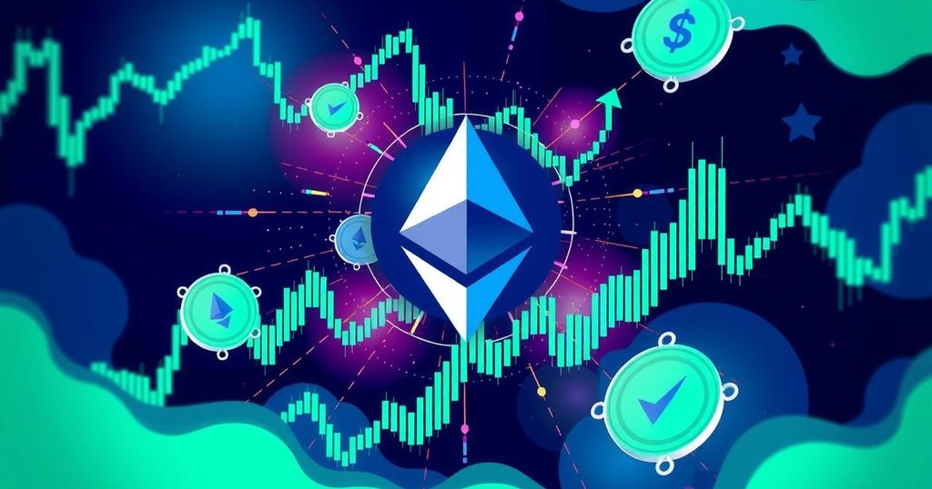 Cryptocurrency market dynamics illustrated with bullish patterns and Ethereum logo in a dynamic, tech-inspired design.