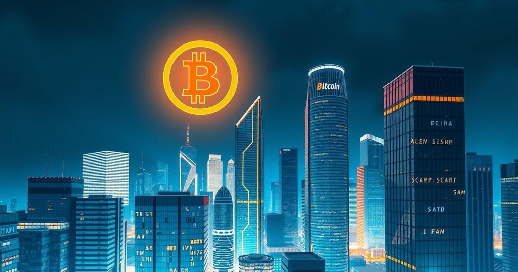 A futuristic city skyline with glowing skyscrapers and a digital currency symbol, reflecting Bitcoin investment and growth.