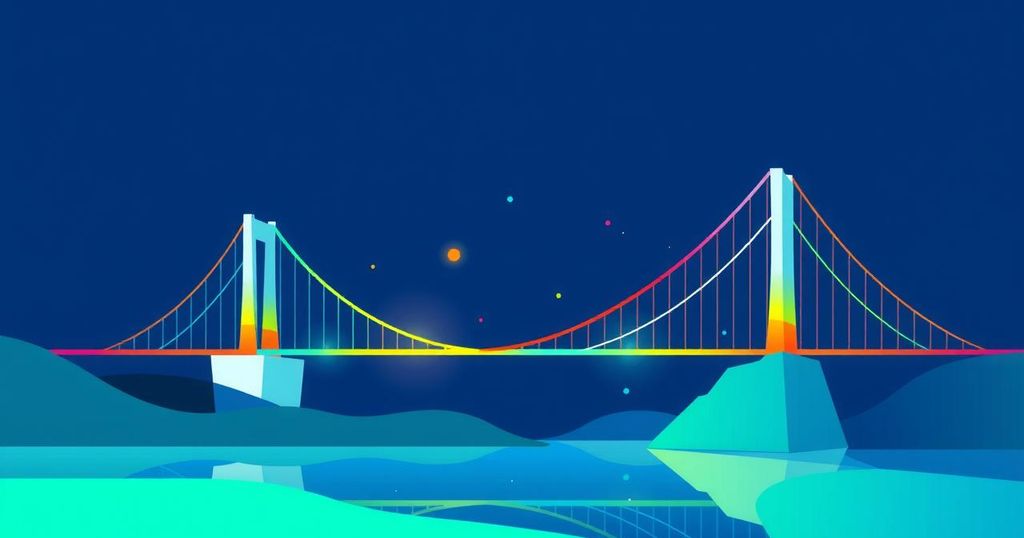 An abstract representation of a bridge symbolising the connection between traditional finance and cryptocurrency with vibrant colours.