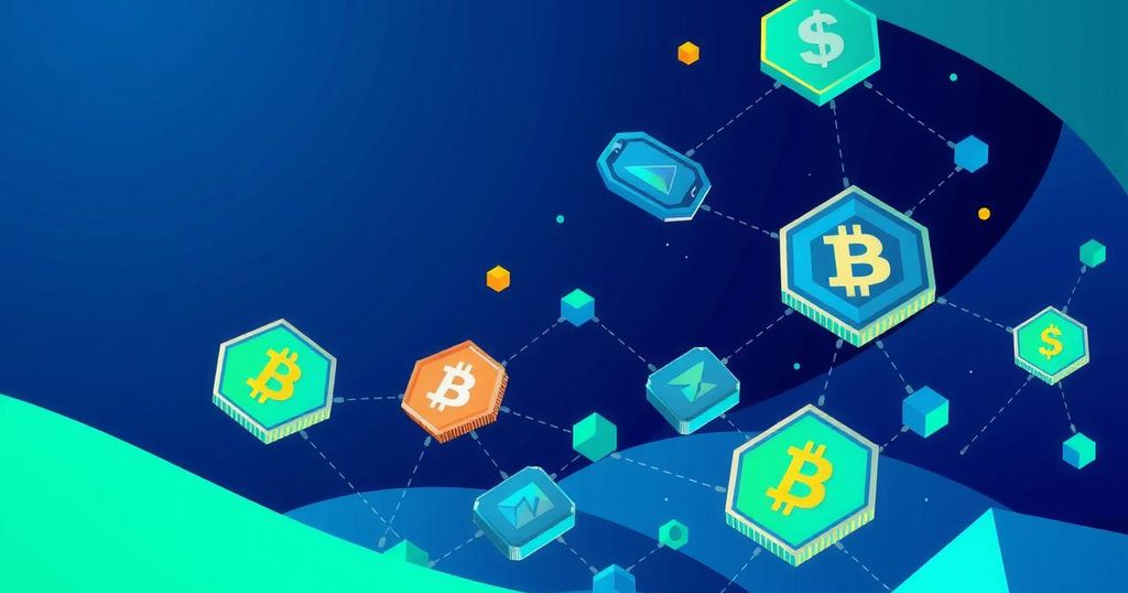 Abstract digital concept representing cryptocurrency and blockchain technology with geometric shapes and cool colours.