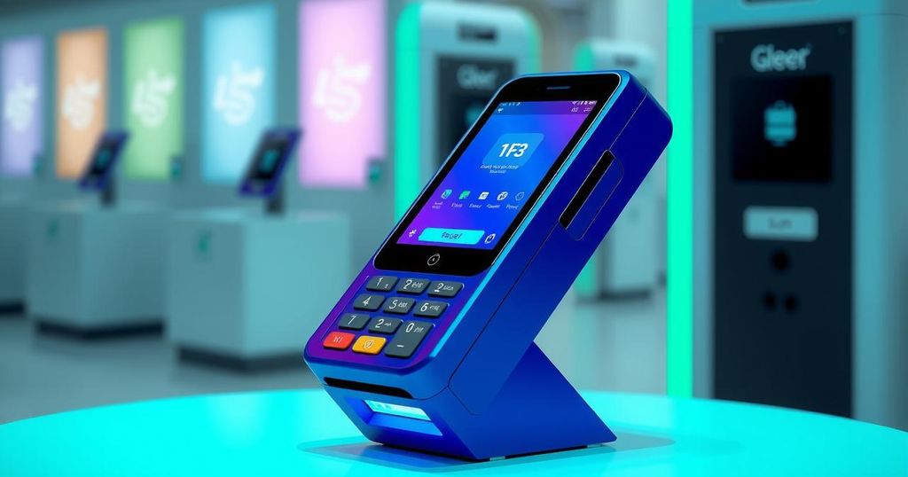 NFC payment terminal for fee-free crypto transactions, with a minimalist design in blue and green tones.
