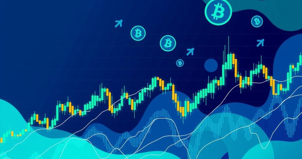 A digital artwork representing cryptocurrency market trends with charts and symbols in blue and green hues.