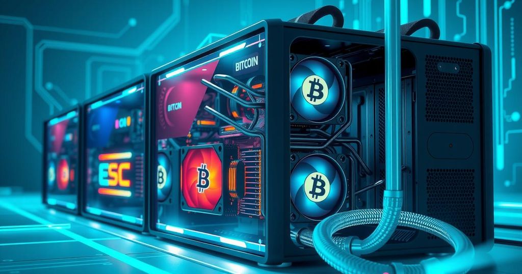A digital illustration of a mining rig symbolising Bitcoin mining with a futuristic tech theme in blue and green hues.