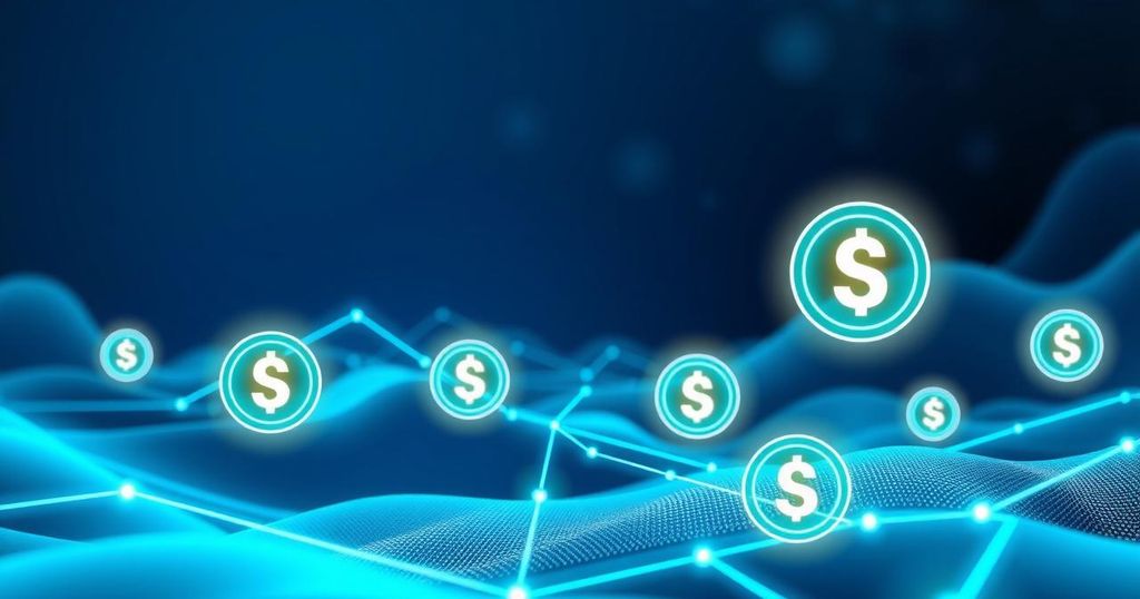 A dynamic digital landscape showing stablecoins and blockchain technology in vibrant blue and green tones.