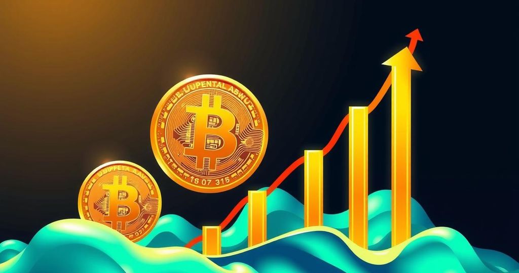 A digital representation of Bitcoin's market trends, featuring a rising graph and Bitcoin symbol in vibrant colours.
