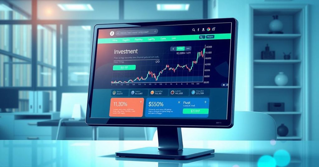 A digital illustration of a sleek cryptocurrency website with an empty account balance and a graph showing sharp decline.