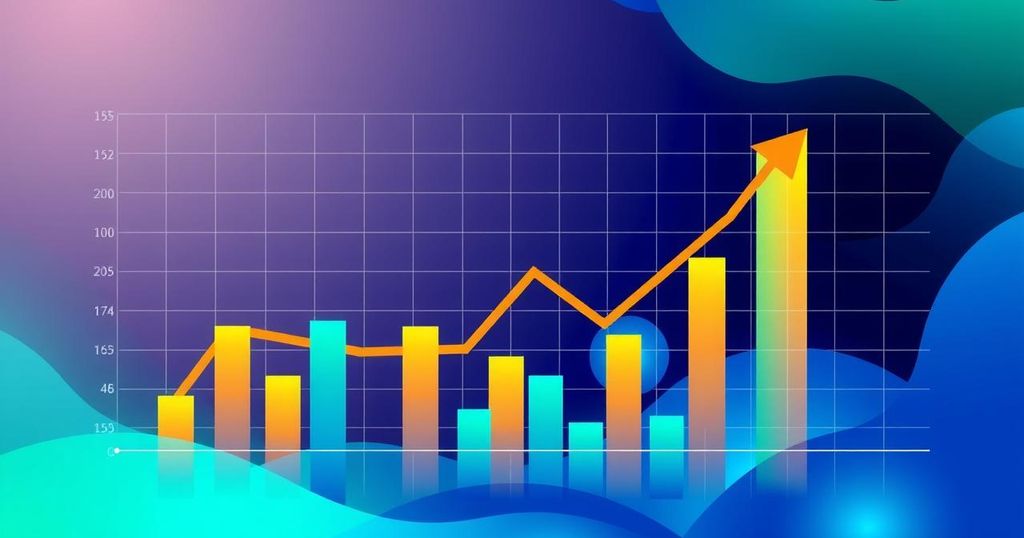 A digital chart visualising macroeconomic trends influencing cryptocurrency prices, illustrating trends with bars and lines in vibrant colours.