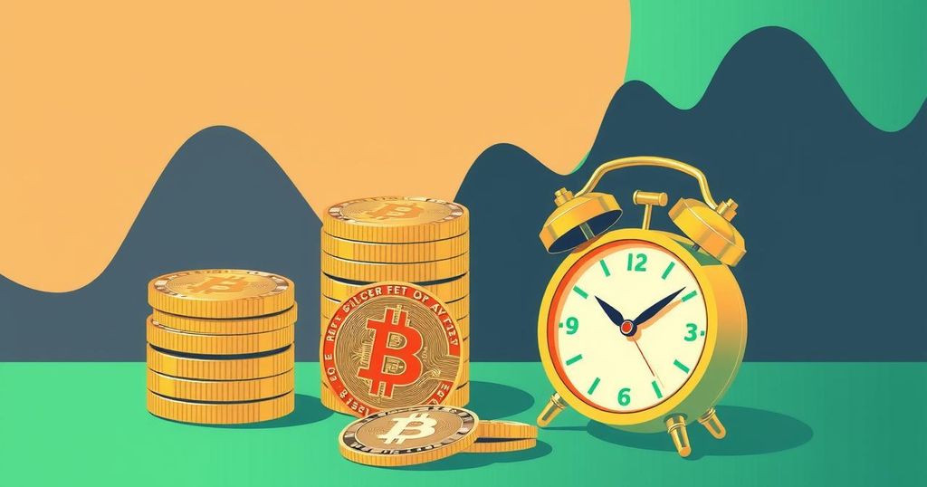 A conceptual illustration of Bitcoin treasury firms with coins and a clock indicating time passing.