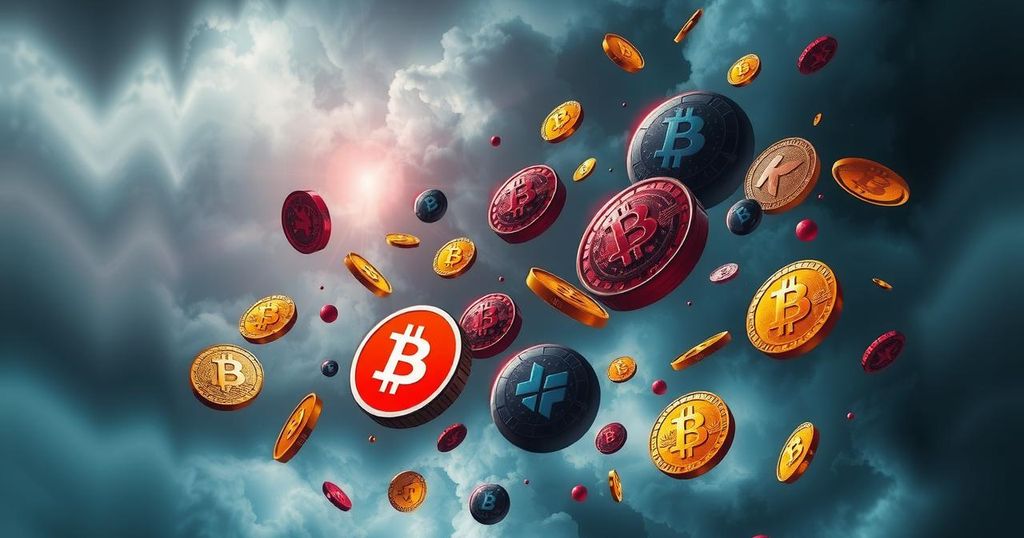 A conceptual illustration reflecting cryptocurrency challenges, focusing on chaotic tokens and looming shadows.
