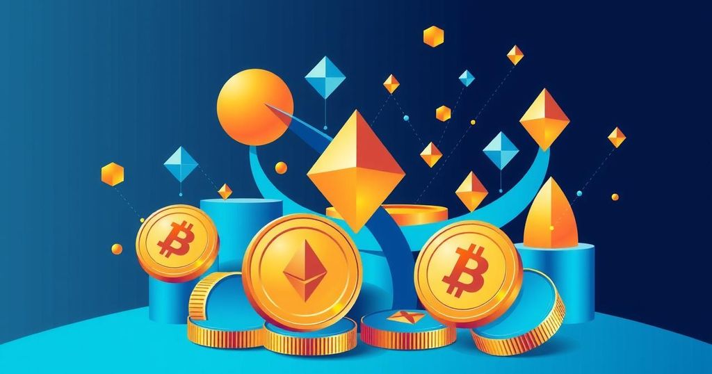 A vibrant digital design symbolising cryptocurrency revolution with abstract coins and blockchain elements.