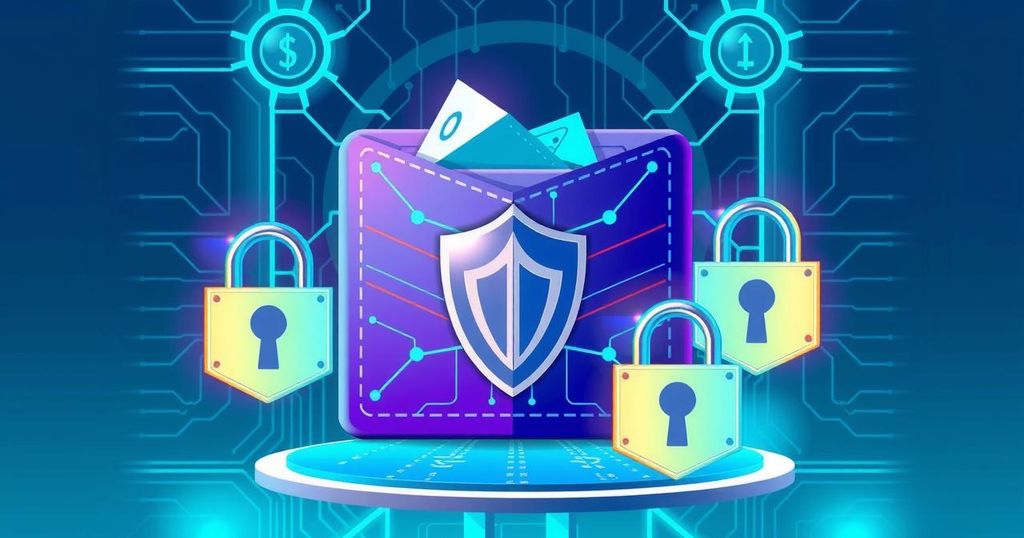 A digital illustration of a secure cryptocurrency wallet surrounded by various security symbols in a bright colour palette.