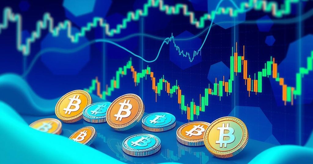 A digital illustration of a cryptocurrency trading scene, showcasing coins, market graphs, and vibrant colours.