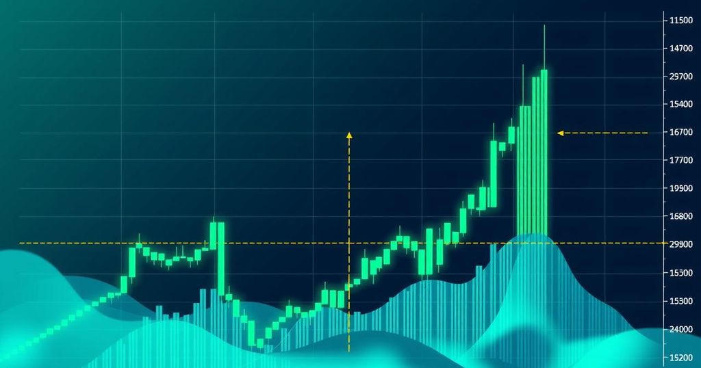 Bullish cryptocurrency market chart with upward trends and resistance levels in vibrant colours.