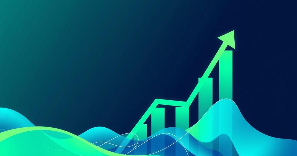 Abstract depiction of market optimism with stylised graphs, bright colours, and fluctuating data lines.