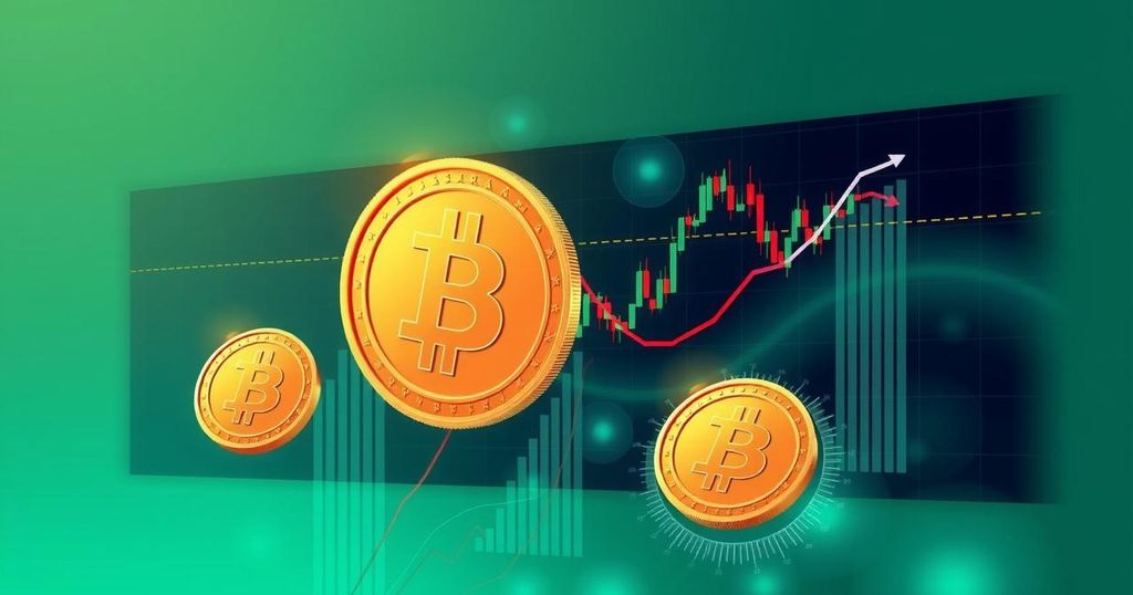 A digital depiction of Bitcoin's market analysis, featuring charts with ascending and descending lines, and a greenish-blue palette.