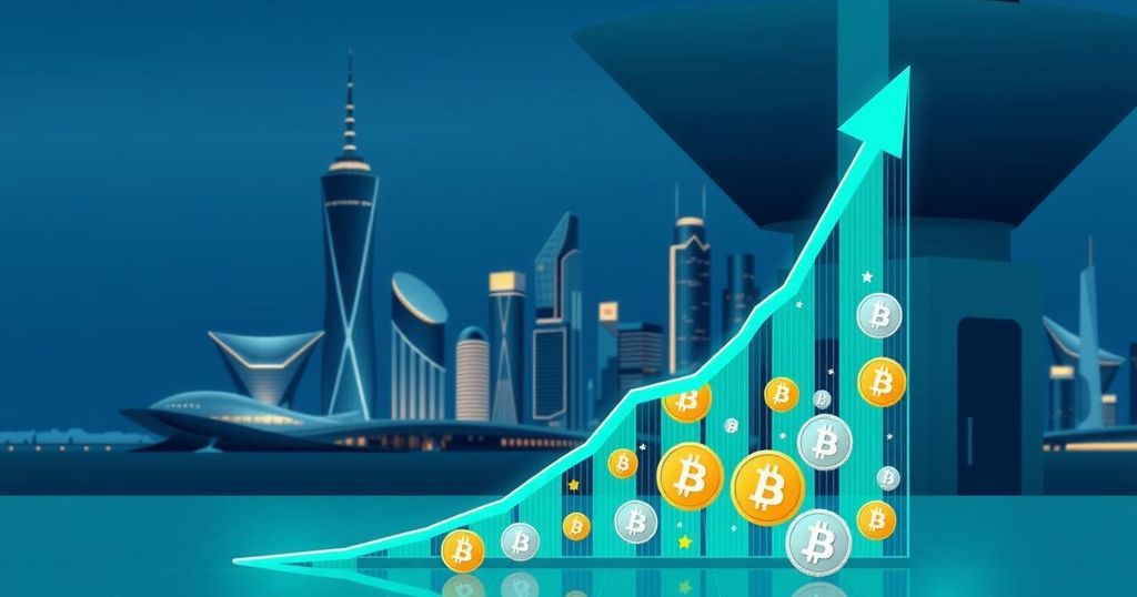 A dynamic upward graph with crypto symbols and a digital city skyline to represent Coinbase's growth in the market.