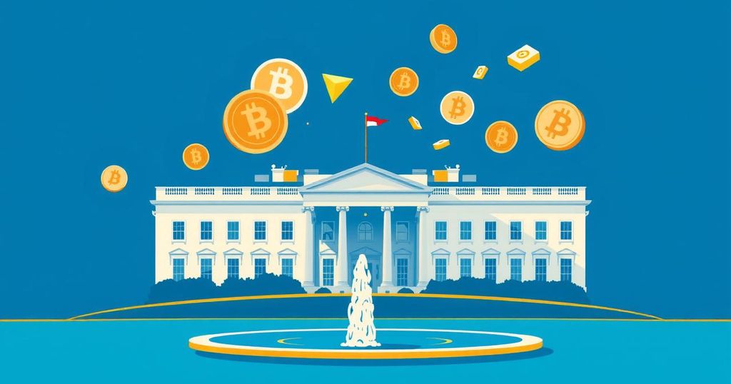 A digital representation of the White House surrounded by abstract crypto symbols in blue and gold colours.